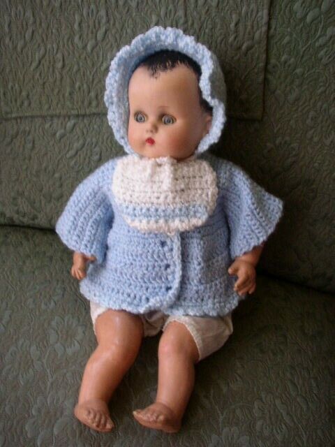 1920-30s R & B 17″ Composition Baby Doll in Blue Knitted Sweater