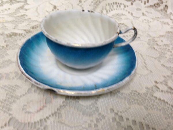 Vintage, French, Child's 2pc Swirled Flow Blue Enamelware Cup and Saucer