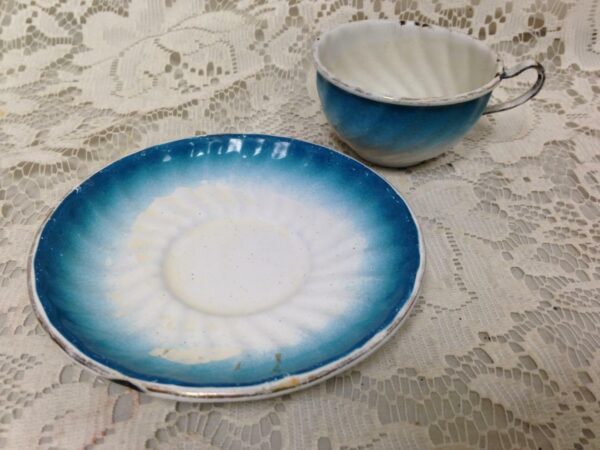 Vintage, French, Child's 2pc Swirled Flow Blue Enamelware Cup and Saucer