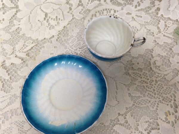 Vintage, French, Child's 2pc Swirled Flow Blue Enamelware Cup and Saucer