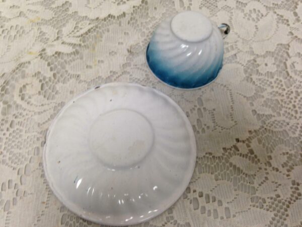 Vintage, French, Child's 2pc Swirled Flow Blue Enamelware Cup and Saucer