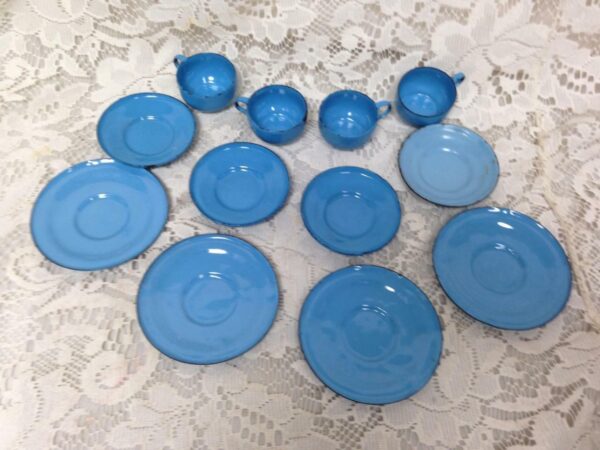 Antique, 12-pc French Blue Enamelware Child's Dinner-Tea Set for 4