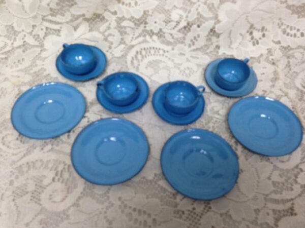 Antique, 12-pc French Blue Enamelware Child's Dinner-Tea Set for 4