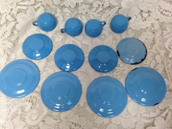 Antique, 12-pc French Blue Enamelware Child's Dinner-Tea Set for 4