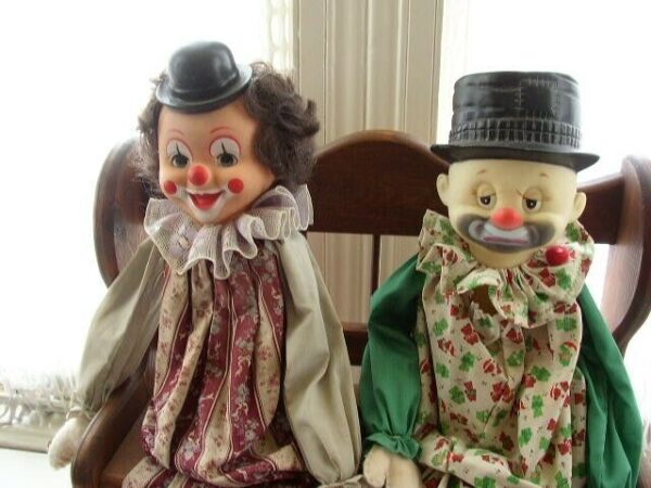 1950-60s Pair of Beautiful 24" Decorative Mantel-Shelf Clowns