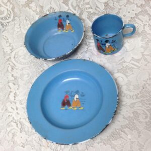 Vintage, Scepter, Germany, 3-pc Child's Dutch Blue Enamelware Cup-Bowl-Plate Set