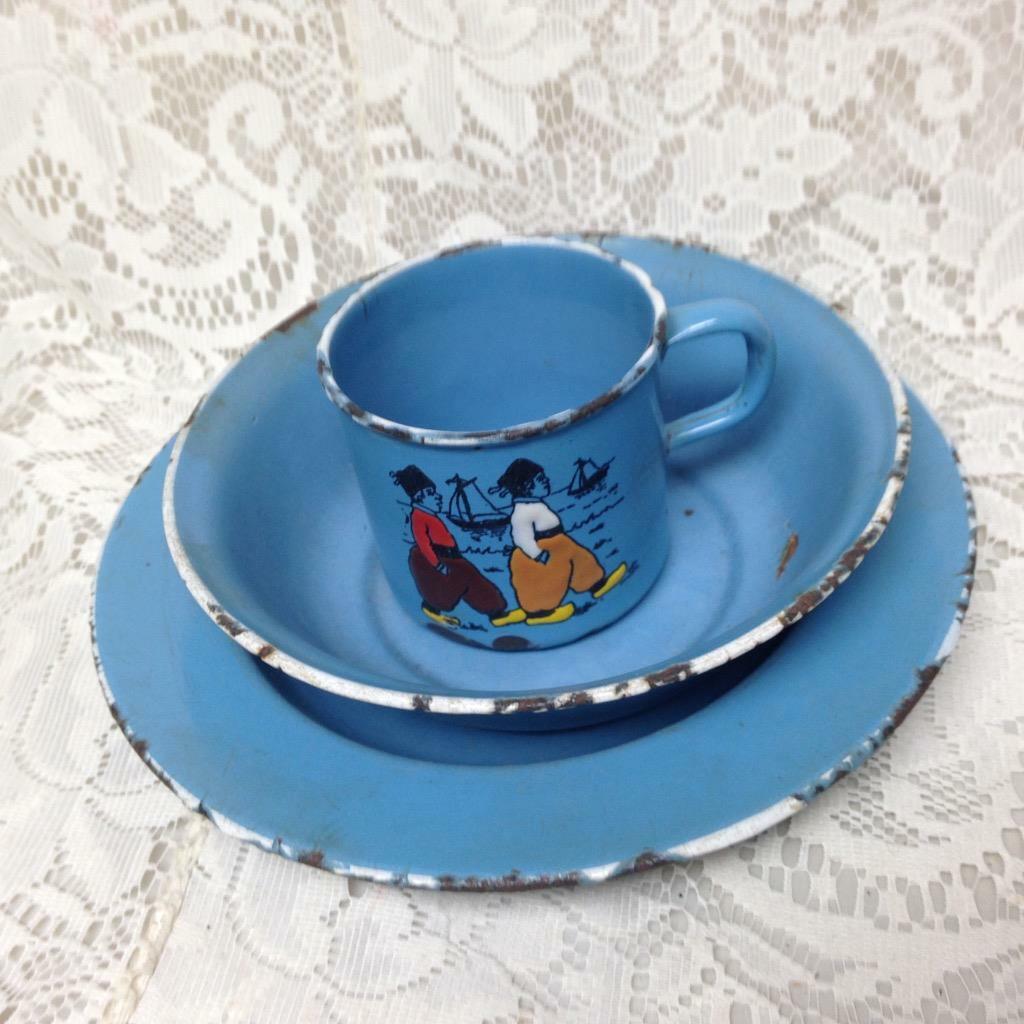 Vintage, Scepter, Germany, 3-pc Child’s Dutch Blue Enamelware Cup-Bowl-Plate Set