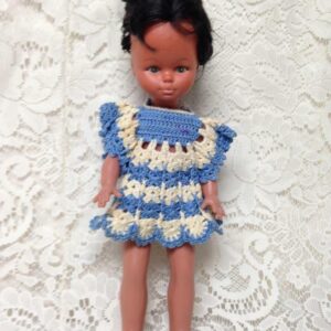 Vintage, Rare, 1960-70s 12in Vinyl African American Doll in Blue Crochet Dress