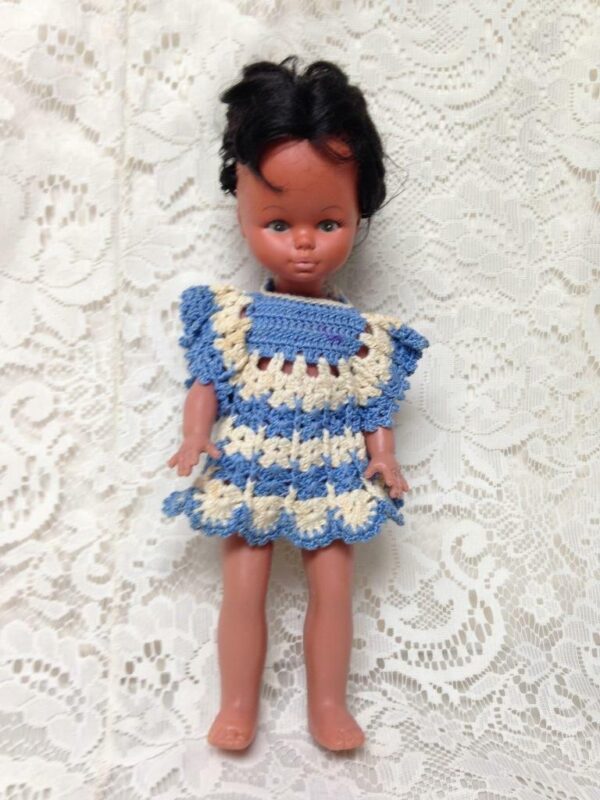 Vintage, Rare, 1960-70s 12in Vinyl African American Doll in Blue Crochet Dress