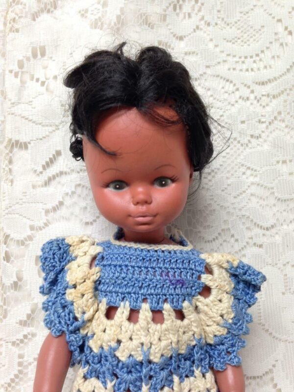 Vintage, Rare, 1960-70s 12in Vinyl African American Doll in Blue Crochet Dress