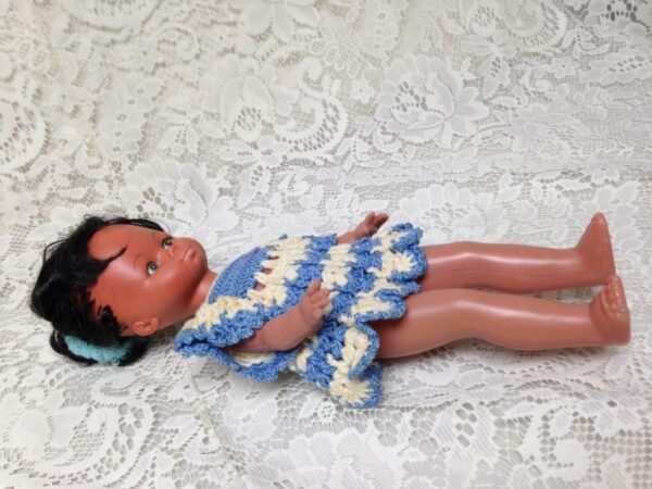 Vintage, Rare, 1960-70s 12in Vinyl African American Doll in Blue Crochet Dress