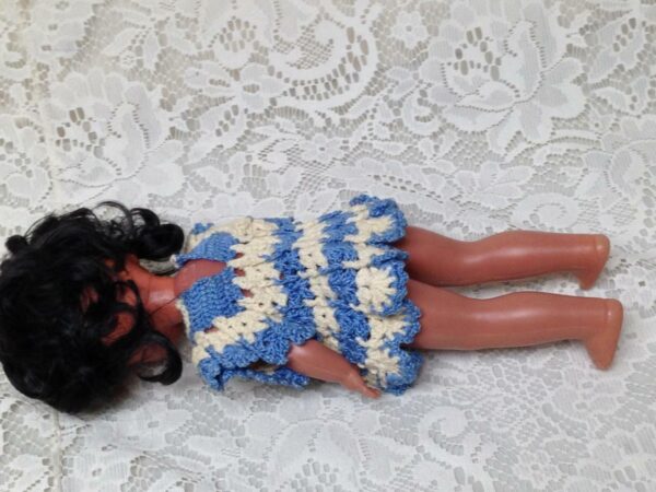 Vintage, Rare, 1960-70s 12in Vinyl African American Doll in Blue Crochet Dress