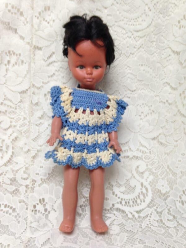 Vintage, Rare, 1960-70s 12in Vinyl African American Doll in Blue Crochet Dress