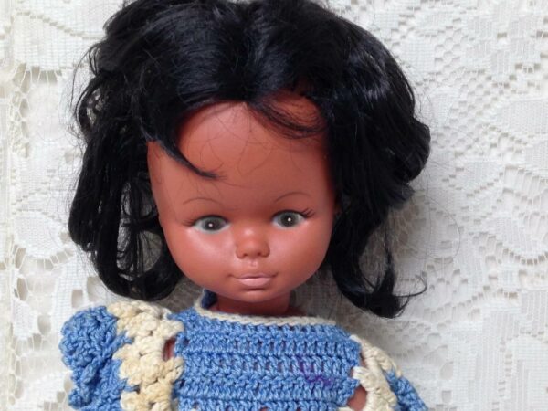 Vintage, Rare, 1960-70s 12in Vinyl African American Doll in Blue Crochet Dress