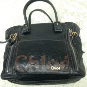 Authentic, Chloe Large Black Distressed Leather Shoulder Bag 12inx12inx7in