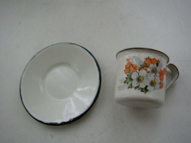 Vintage, 2-pc Enamelware Child’s Cup and Saucer