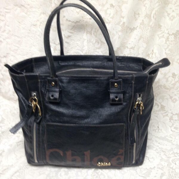 Authentic, Chloe Large Black Distressed Leather Shoulder Bag 12inx12inx7in