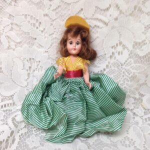 Vintage, Rare, 1950s 8in Plastic, Blond Doll in Yellow and Green Dress