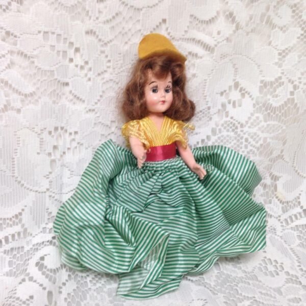 Vintage, Rare, 1950s 8in Plastic, Blond Doll in Yellow and Green Dress