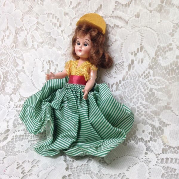 Vintage, Rare, 1950s 8in Plastic, Blond Doll in Yellow and Green Dress