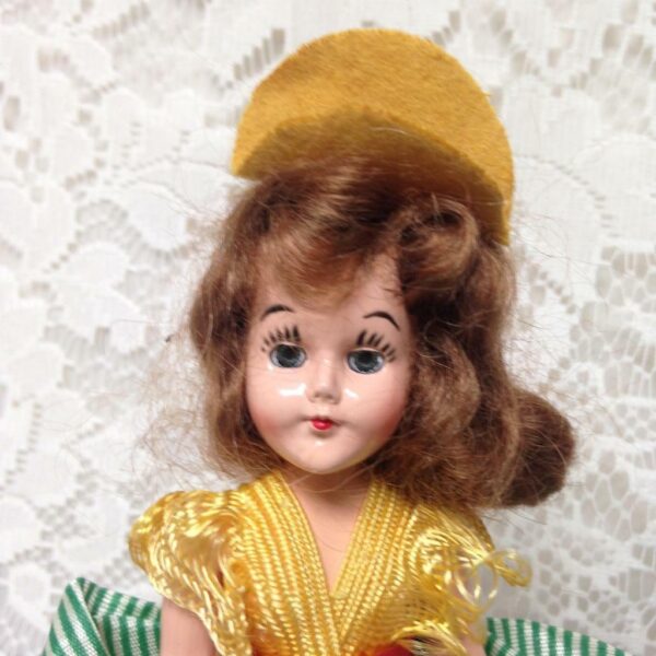 Vintage, Rare, 1950s 8in Plastic, Blond Doll in Yellow and Green Dress