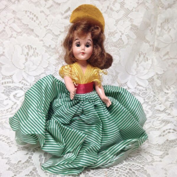 Vintage, Rare, 1950s 8in Plastic, Blond Doll in Yellow and Green Dress