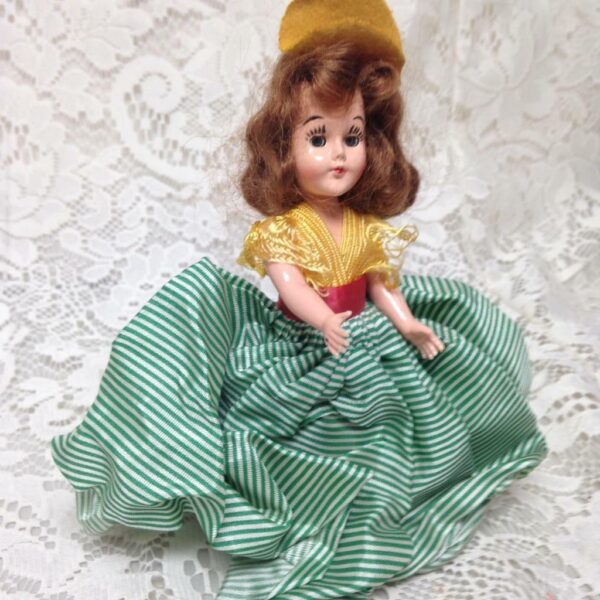 Vintage, Rare, 1950s 8in Plastic, Blond Doll in Yellow and Green Dress