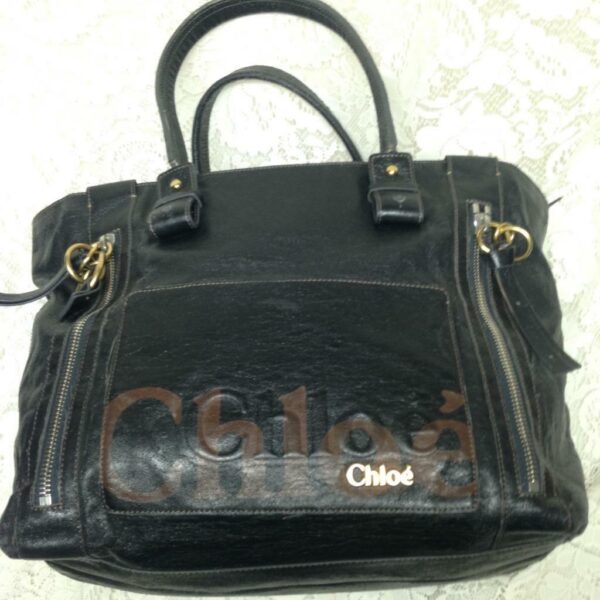 Authentic, Chloe Large Black Distressed Leather Shoulder Bag 12inx12inx7in