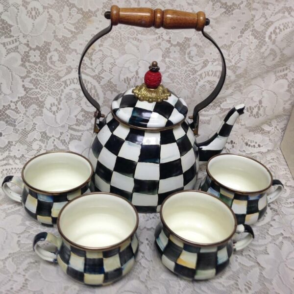 MacKenzie Childs Courtley Check Enamelware 2 Qts Tea Kettle with 4 Cups