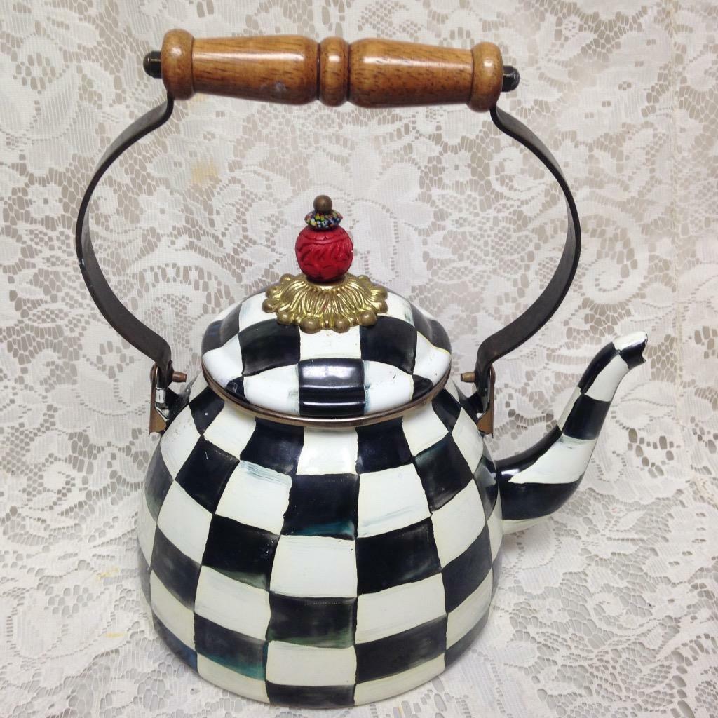 MacKenzie Childs Courtley Check Enamelware 2 Qts Tea Kettle with 4 Cups