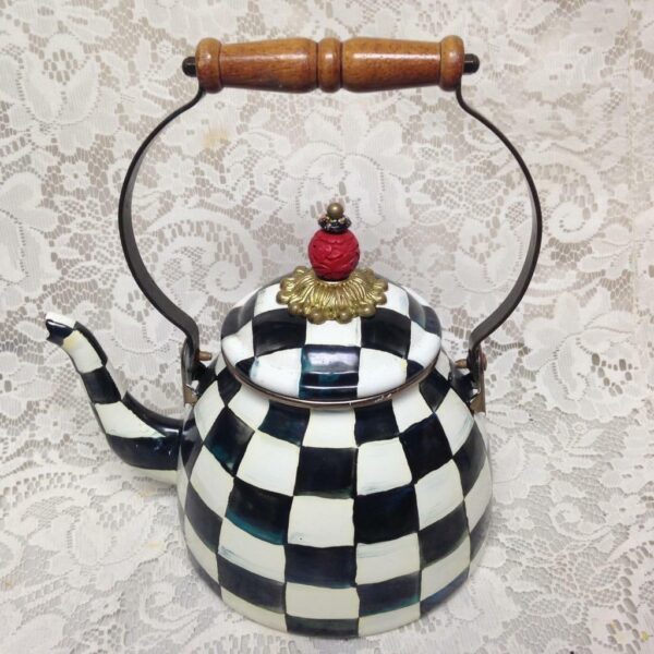 MacKenzie Childs Courtley Check Enamelware 2 Qts Tea Kettle with 4 Cups