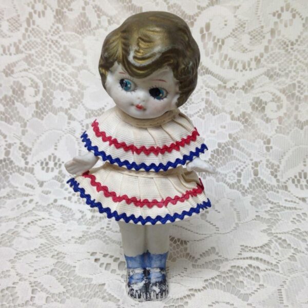 Antique, Made in Japan 6.25in Bisque Googly-eyed Doll in Red, White n Blue Dress