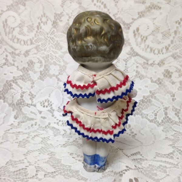 Antique, Made in Japan 6.25in Bisque Googly-eyed Doll in Red, White n Blue Dress