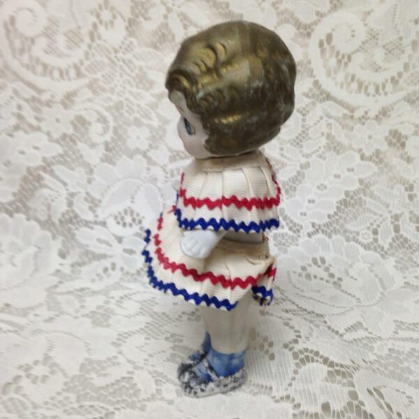 Antique, Made in Japan 6.25in Bisque Googly-eyed Doll in Red, White n Blue Dress