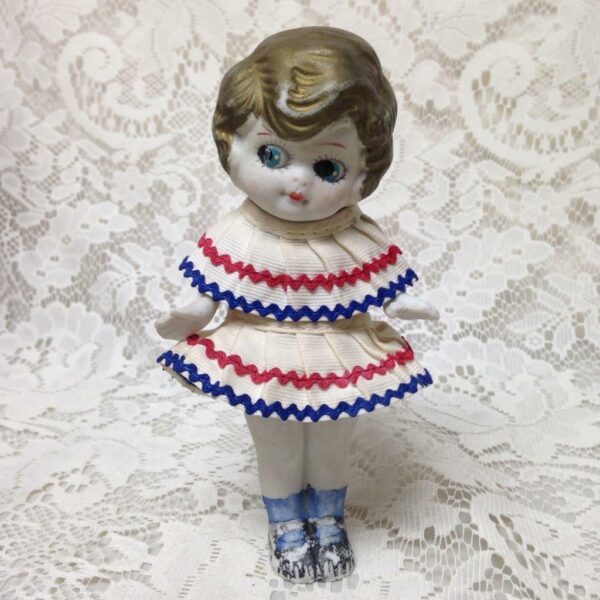 Antique, Made in Japan 6.25in Bisque Googly-eyed Doll in Red, White n Blue Dress