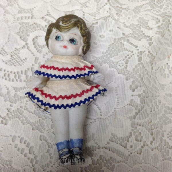 Antique, Made in Japan 6.25in Bisque Googly-eyed Doll in Red, White n Blue Dress