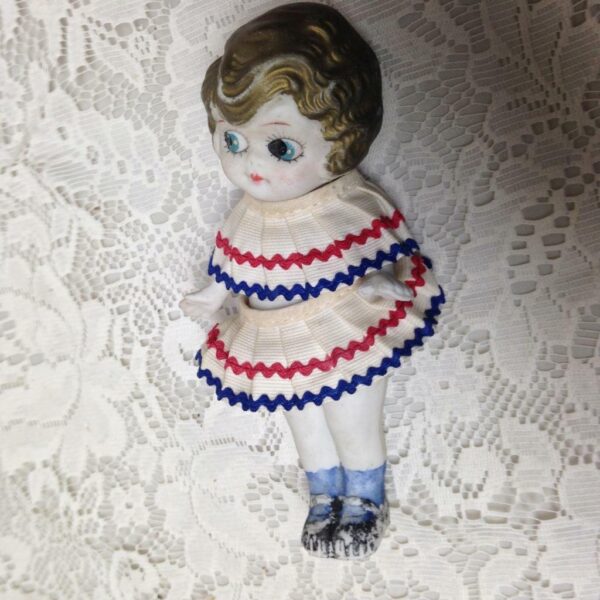 Antique, Made in Japan 6.25in Bisque Googly-eyed Doll in Red, White n Blue Dress