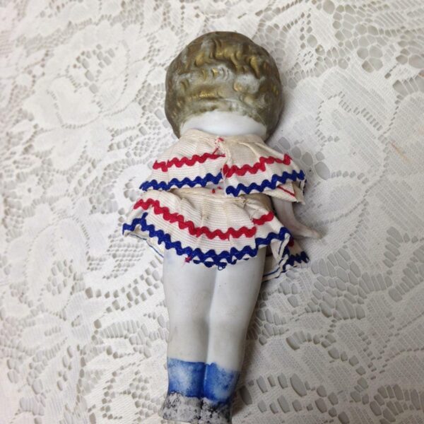 Antique, Made in Japan 6.25in Bisque Googly-eyed Doll in Red, White n Blue Dress