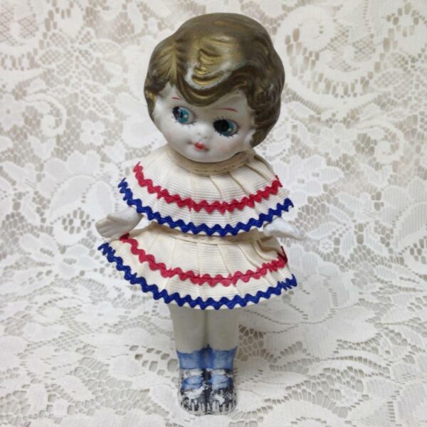 Antique, Made in Japan 6.25in Bisque Googly-eyed Doll in Red, White n Blue Dress