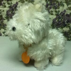 Vintage, 12in x 9.5in x 6in Furry White Dog with Original Tag or Collar