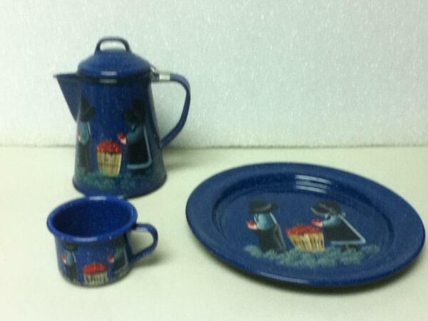 Beautiful, Amish, Hand-painted, Blue Enamelware , 3-pc Child's Tea Set