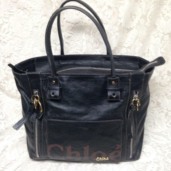 Authentic, Chloe Large Black Distressed Leather Shoulder Bag 12inx12inx7in