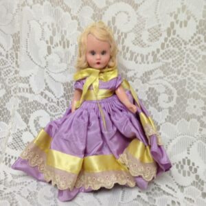 Vintage1940-50s 5.5in Nancy Ann Story Book Doll in Purple and Yellow Gown n Hat