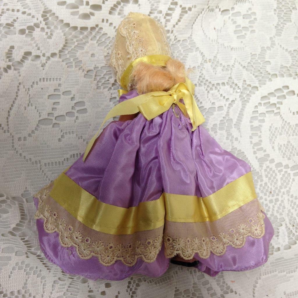 Vintage1940-50s 5.5in Nancy Ann Story Book Doll in Purple and Yellow Gown n Hat