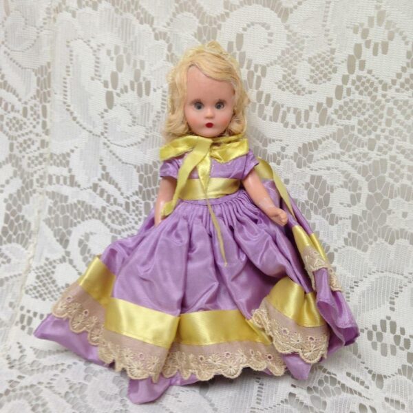 Vintage1940-50s 5.5in Nancy Ann Story Book Doll in Purple and Yellow Gown n Hat