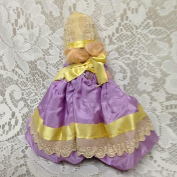 Vintage1940-50s 5.5in Nancy Ann Story Book Doll in Purple and Yellow Gown n Hat