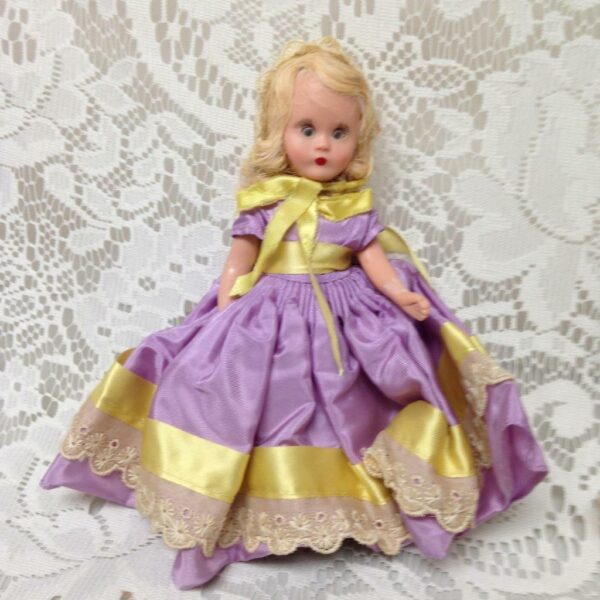 Vintage1940-50s 5.5in Nancy Ann Story Book Doll in Purple and Yellow Gown n Hat