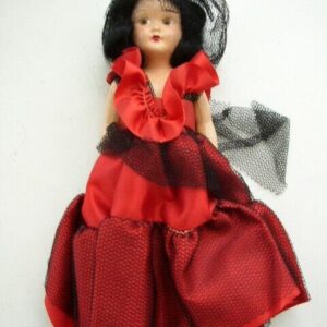 Vintage, 7.5" Composition Face -Plastic Doll in Red Gown