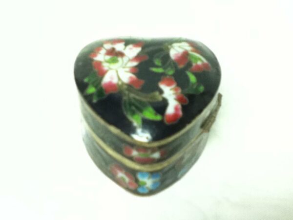 Vintage, Beautiful, Cloisonne, Heart-Shape, Hinged, Black, Floral Trinket Box