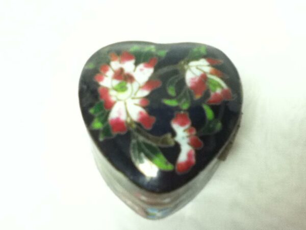 Vintage, Beautiful, Cloisonne, Heart-Shape, Hinged, Black, Floral Trinket Box